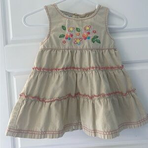 Vintage Please Mum Tan Beige Floral Embroidered Kids Sleeveless Tiered Sundress